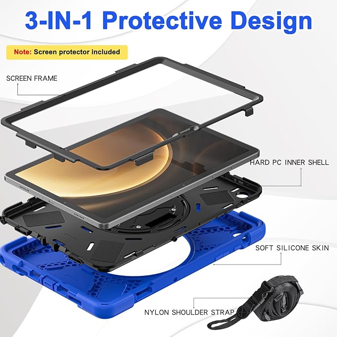 BRAECN for Samsung Galaxy Tab A9 Plus Case 11 Inch 2023 Shockproof Hard Duty Case with Screen Protector &amp360 Rotating Stand&ampHand Strap/Shoulder Strap for Galaxy A9 Plus Tablet-Black