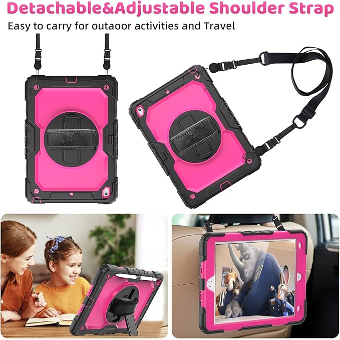 BLOSOMEET Case for iPad 9th Generation 2021 10.2 Inch with Tempered Glass Screen Protector &amp Pencil HolderProtective Kids iPad 7th/8th Gen Cover 2020 2019 w/Stand Hand Shoulder StrapRosered