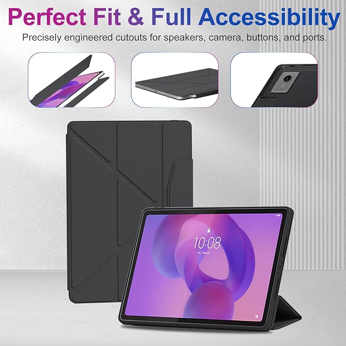 Case for Lenovo Idea Tab Plus 12.1 Inch – Multi-Angle Stand PU Leather Soft Cover with Hidden Pencil HolderSlim Lightweight Back Protective Folio Case ShockproofAnti-Scratch[Black]