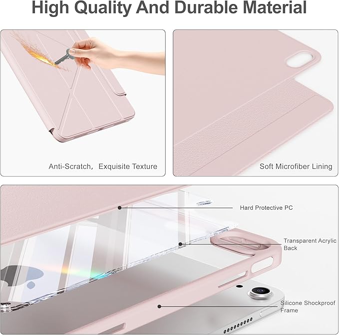 Y-Shaped Detachable Case for iPad (A16) 11th/10th Generation (2025/2022) Clear 360°Rotating Magnetic Back Multi-Stand &amp Shockproof Hybrid Cover for iPad 11/10 Auto Wake/Sleep Pink