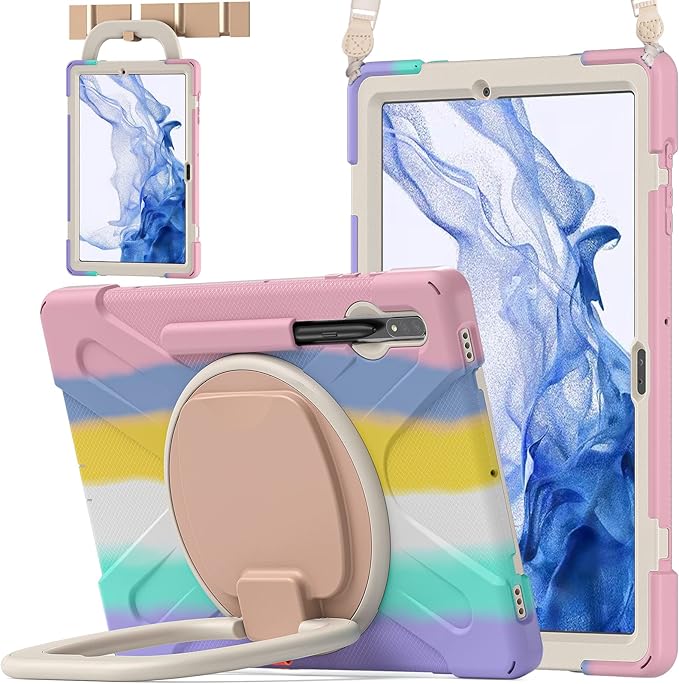 BATYUE Case for Samsung Galaxy Tab S10+ Plus /S9 FE+ Plus /S9+ Plus /S8+ Plus /S7+ Plus /S7 FE 5G 12.4 inch Shockproof Protective Tablet Case with Shoulder Strap Kickstand Pink