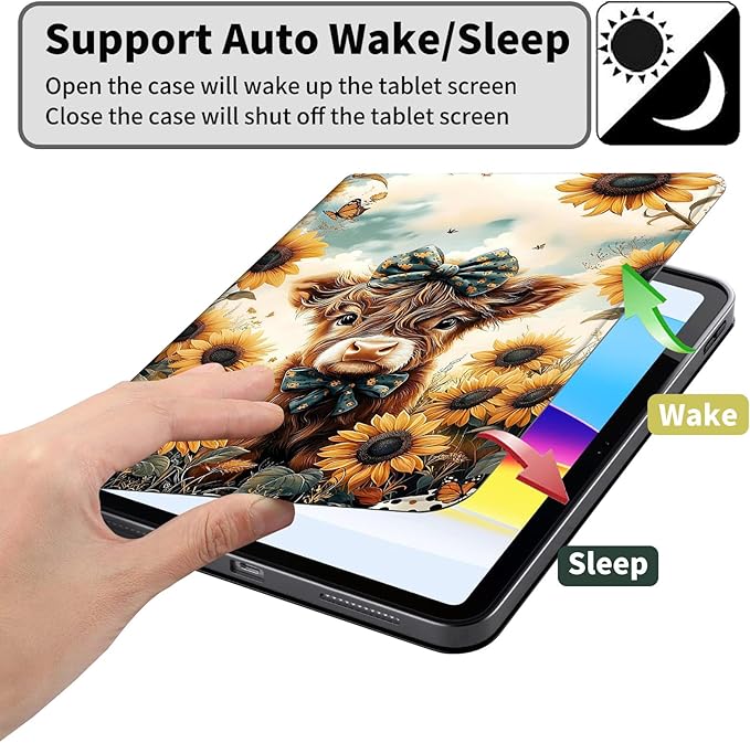 Case for Amazon Kindle Fire HD 10 and Fire HD 10 Plus 10.1 Tablet Case (13th/11th Generation 2023/2021 Release) Slim Fit PU Leather Cover with Auto Sleep/Wake - Highland Cow Sunflowers
