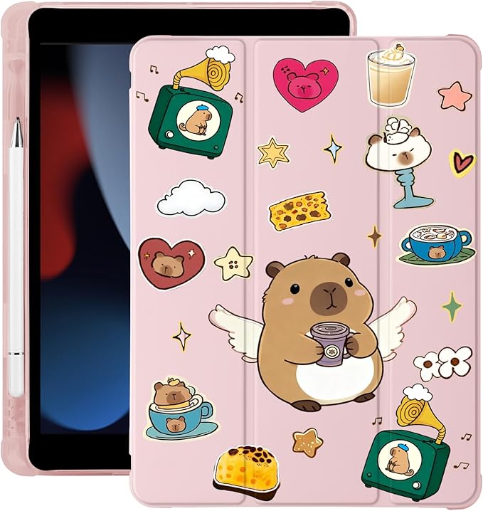 Cute Kawaii Capybara for iPad Pro 13 Inch Case (M5/M4) 2025/2024 with Pencil Holder Auto Sleep/Wake Pink Leather Soft TPU Back Cover