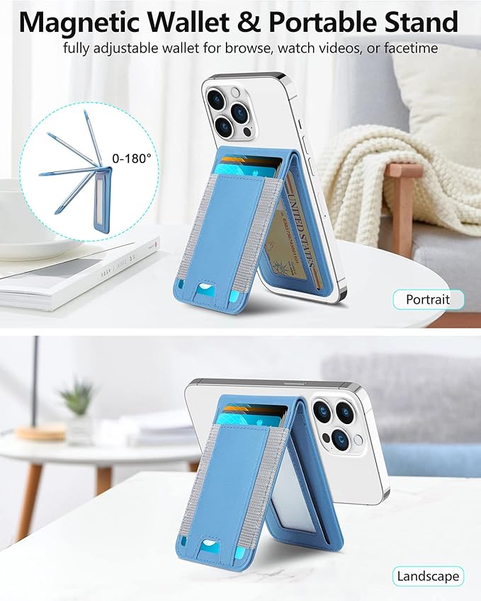 ExtreLife 2-in-1 Magsafe Wallet Adjustable Stand and Open ID Window Magnetic Wallet for iPhone 17/16/15/14 Pro Max/14 Pro/14/14 Plus/13/12 Series 9 Cards Light Sky Blue