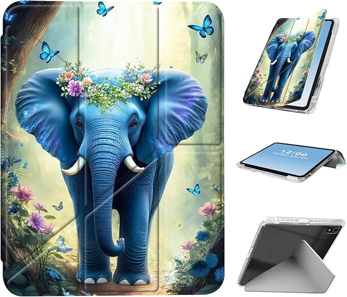 for iPad mini 7 A17 Pro 2024/iPad Mini 6 2021 Case with Pencil HolderFoldable Y-Shaped CoverStylish Clear Multi-Angle Viewing&ampAuto Sleep/Wake Blue Elephant with Flower Tablet Case
