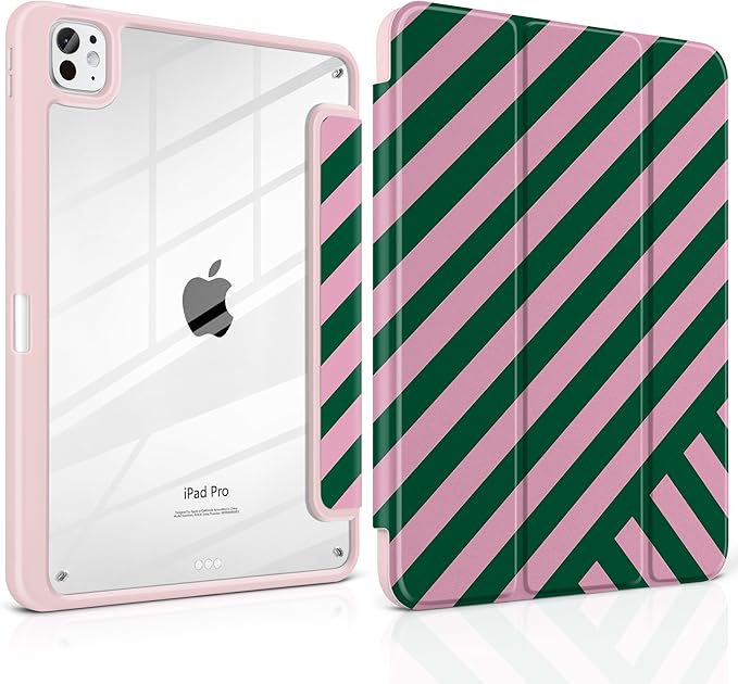TWOLSKOO Case for iPad Pro 11-inch (M5 2025 / M4 2024) Clear Acrylic Back with TPU Bumper Pencil Holder Trifold Stand Auto Sleep/Wake Diagonal Stripes