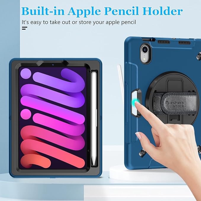 Case for iPad mini 7 (A17 Pro)/ Mini 6 8.3 INCH: TPU Cover for iPad mini 7th/6th Generation 8.3 Inch with Screen Protector- Stand + Handle + Shoulder Strap + Pencil Holder- Blue