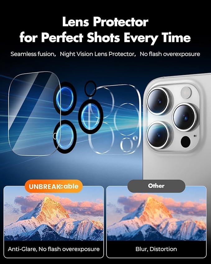 UNBREAKcable for iPhone 16 Pro Screen Protector 4+2 Pack [9H+ Military-Grade Shatterproof] [Effortless Bubble-Free Installation] Ultra HD Clarity Tempered Glass with Lens Protector Case friendly