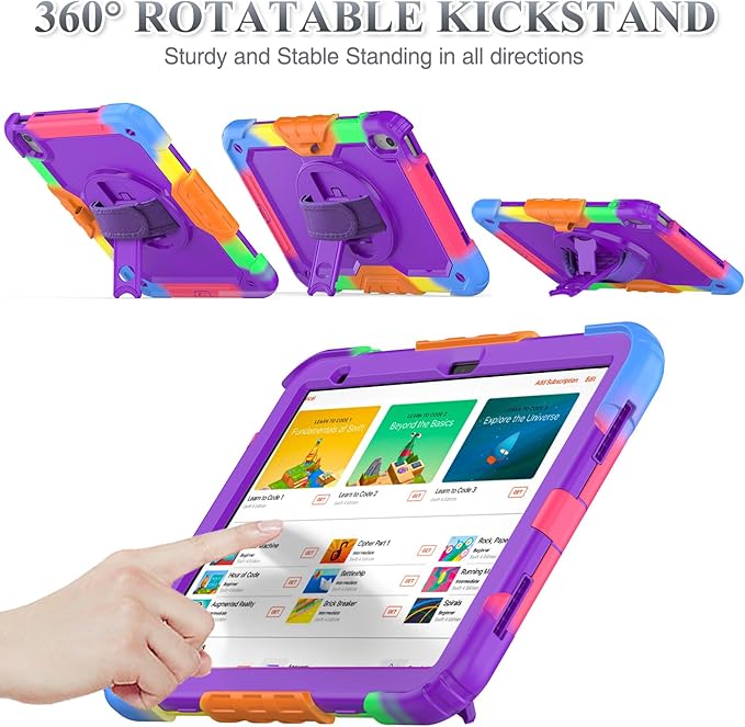 SEYMAC stock Case for iPad (A16) 11th/10th Generation 11''/10.9'' 2025/2022 Full-Body Drop Protection Case with Screen Protector &amp360° Rotate Hand Strap/Stand Purple+Colorful