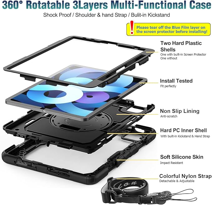 SEYMAC stock Case for iPad Air 5th/4th Generation/Pro 11 (4th/3rd/2nd) with Screen Protector Pen Holder 360° Rotate Hand Strap/Stand Case for iPad Air 5th/4th Gen 10.9''/ Pro 11'' (Black)