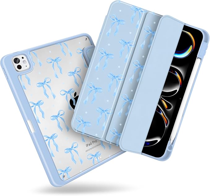 MecBevia Case for iPad Pro 11 inch M5 2025 / M4 2024 (6th/5th Gen) A3357 A3358 A3359 A2836 A2837 A3006 – Built-in Pencil Holder &amp Auto Wake/Sleep Blue Ribbon Coquette