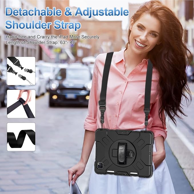 SUPFIVES 2022 iPad Pro 11 inch Case (4th Generation)Upgraded Military Grade Shockproof Silicone iPad Pro 11 4th/3rd/2nd Gen Cover Pencil Holder+ Handle+ Shoulder Strap+ Rotating Kickstand Black