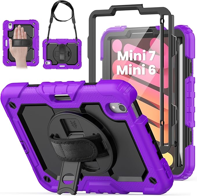 Case for iPad mini 7 (A17 Pro) 2024/ Mini 6 8.3'' with Pencil Holder Screen Protector [360 Rotating Hand Strap] &ampStand &ampShoulder Strap Shockproof Case for iPad mini 7th/6th Generation Purple