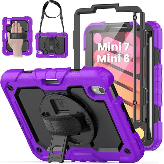 Case for iPad mini 7 (A17 Pro) 2024/ Mini 6 8.3'' with Pencil Holder Screen Protector [360 Rotating Hand Strap] &ampStand &ampShoulder Strap Shockproof Case for iPad mini 7th/6th Generation Purple