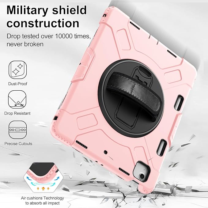 Case for iPad Air 13 Inch M4/M3/M2 (2026/2025/2024): Silicone Shockproof Case with Screen Protector - Stand - Handle - Shoulder Strap - Pen Holder- Pink