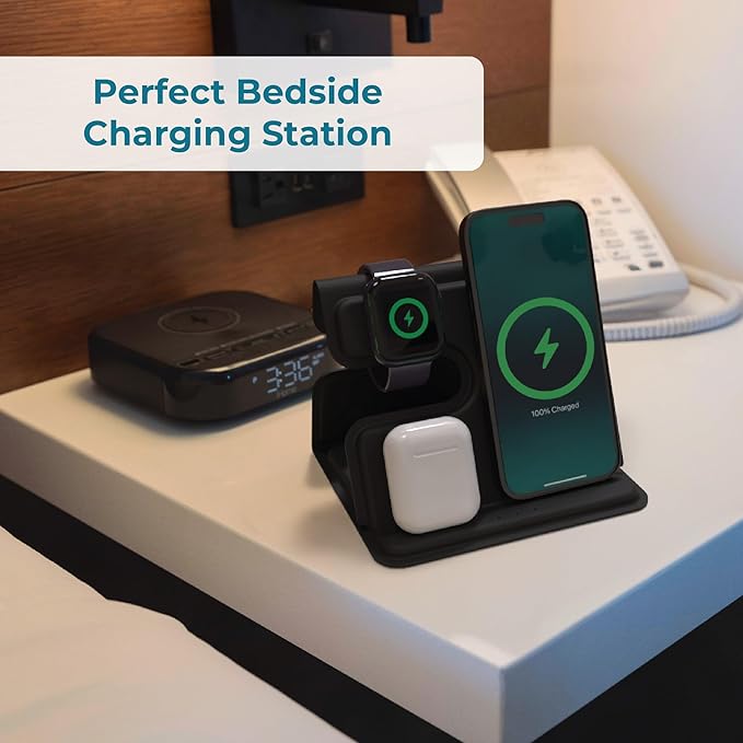 BLACK+DECKER 3 in 1 Charging Station for Apple Multiple Devices Wireless Foldable Travel Charger for Multiple Devices iPhone 17 16 15 14 13 Pro Max Plus Apple Watch Series/AirPods (Black)