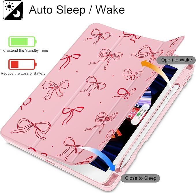 for iPad 9th Generation with Pencil Holder iPad 8th/7th Gen Case 10.2-inch [Built in Pencil Holder] Trifold Stand Auto Wake/Sleep Clear TPU Protection Back Cover Pink Bows