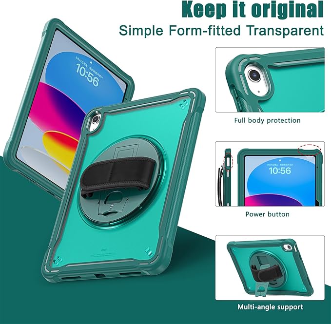 Case for iPad (A16) 11th/10th Generation 2025/2022 11/10.9 inch Rugged Shockproof Protective Cover with Screen Protector 360° Rotating Hand Strap&ampStand Pencil Holder Green