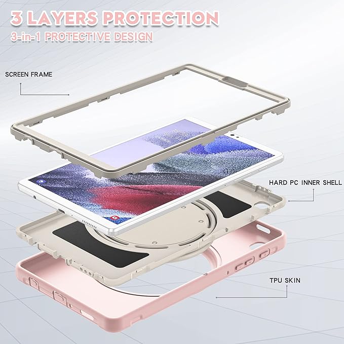 Shockproof Case for Samsung Galaxy Tab A7 Lite 8.7 Tablet Techcircle Rotating Stand Handle Heavy Duty Bumper Hybrid Cover Protective Case for Galaxy Tab A7 Lite (2021) SM-T220/T225 Baby Pink