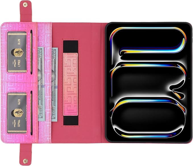 Shiny Case for iPad Pro 11 M5 M4 (2025/2024) Handbag Case Techcircle Iridescent PU Leather Folio Envelope Pocket Stand Cover with Hand Strap+Shoulder Strap+Pencil Holder+Card Slots Shiny Rose Pink