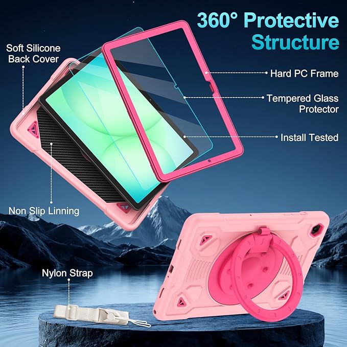 Case for Samsung Galaxy Tab A11+ Plus/ A9+ 11 inch 2025/2023 with Screen Protector 360°Rotating Stand &amp Shoulder Strap Pencil Holderfor Tab A11 Plus / A9 Plus Tablet Case Kids (Pink+Hot Pink)