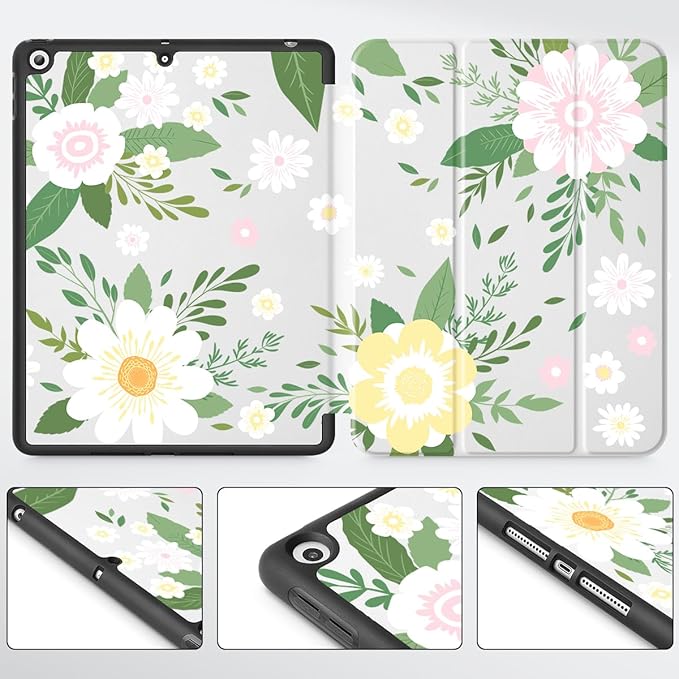 Tuiklol Case for iPad 10.2 Inch 2021 2020 2018 Release 9th / 8th / 7th Generation Built-in Pencil Holder TPU Protective Stand Back Cover Trifold Stand-Auto Wake/Sleep Flowers White