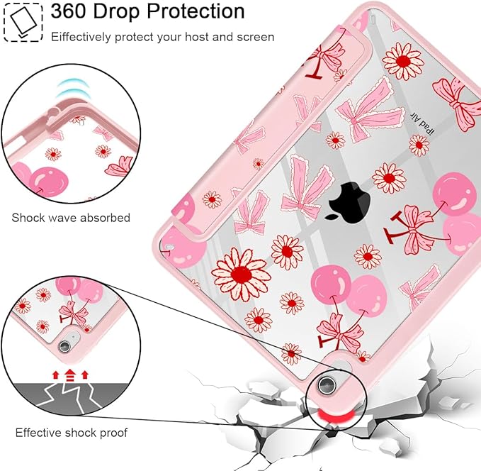 Case for iPad Air 11'' (M4 2026/M3 2025/M2 2024)/ iPad Air 10.9'' Air 5th /4th Gen Shockproof Cover with Clear Back Shell &amp Penceil Holder Auto Wake/Sleep Stand Cover Cherry Bow P705