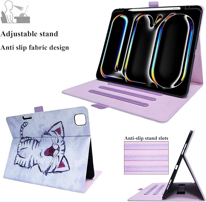 for iPad Pro 13 inch M4 Case 2024with Stand/Hand Strap/Pencil Holder/Pockets [Auto Wake/Sleep] PU Leather &amp Soft TPU Back Shockproof Cover Magnetic Smart Wallet ShellCute Red-Billed Cat