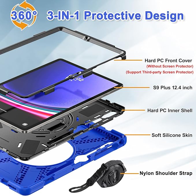 BRAECNstock Case for Samsung Galaxy Tab S10+ Plus/ S9 FE+ Plus/ S9+ Plus/ S8+ Plus/ S7 FE/ S7+ Plus 5G 12.4 inch Shockproof Protective Kids Cover with Pen Holder Rotating Hand Strap &amp Stand - Blue