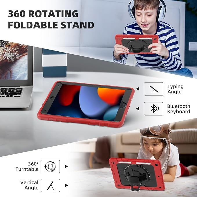 Case for iPad 9th/8th/7th Generation-Built-in Screen Protectorwith Pencil Holder&amp360°Rotating Hand StrapShoulder StrapCase for iPad 10.2 inch 2021-2019(Red/Black)