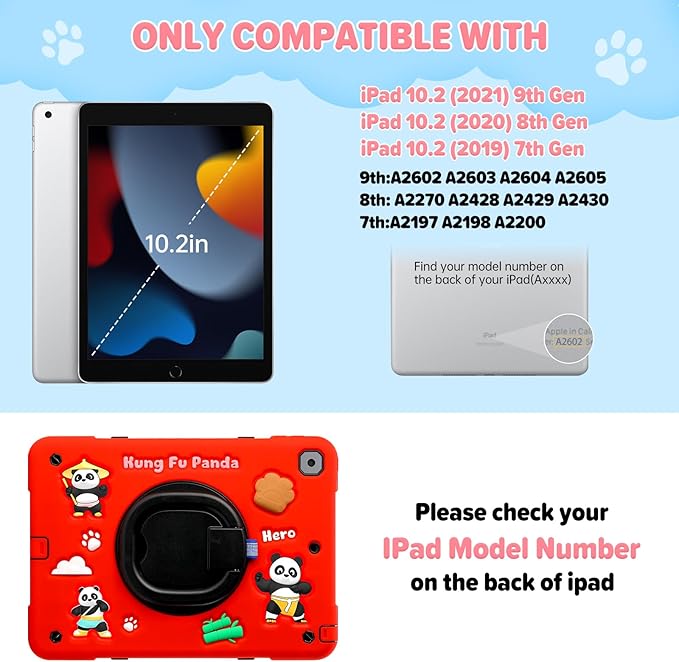 Case for iPad 9th/8th/7th GenerationCute 3D Cool Panda Warrior Design Cover with Screen Protector Rugged Protective Cartoon Case with Stand/Strap/Pen Slot for iPad 10.2 Kids Teens (Red+Black)