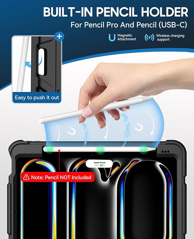 Case for iPad Pro 11 Inch Case (M5 2025/ M4 2024) with Pencil Holder Built-in Stand Military Grade Shockproof Protective Cover for iPad Pro 11 Black