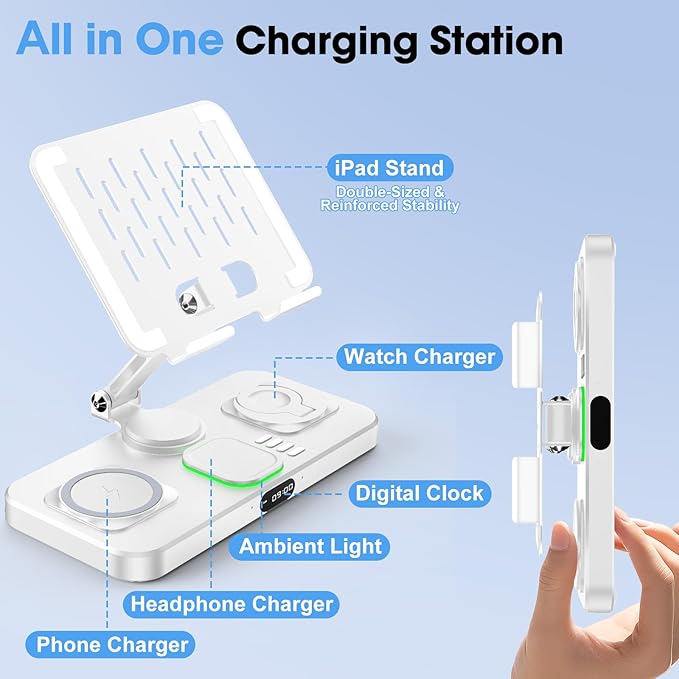 6 in 1 Wireless Charger for Apple Multiple Devices Charging Station with Clock &amp7 Color Ambient Light Foldable Rotate Stand for iPad for iPhone17/16/15 Support for Apple Watch11/10 For AirPods