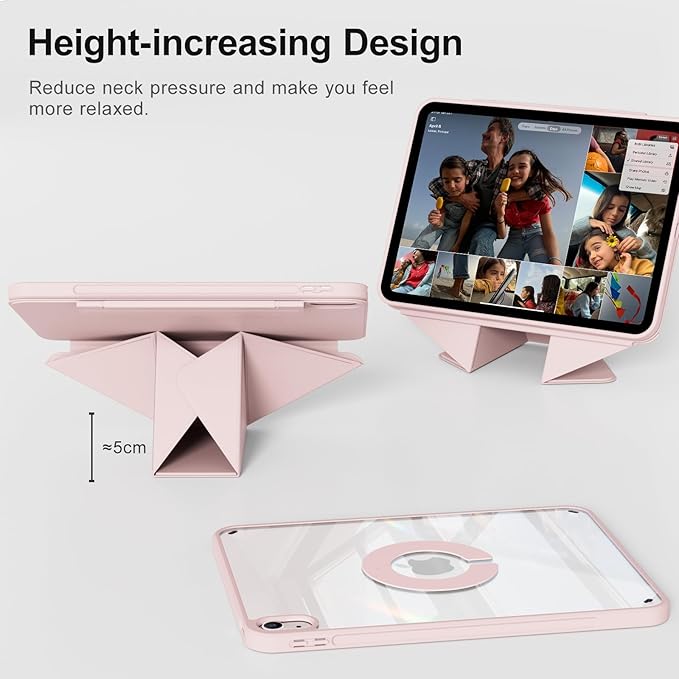 for iPad A16 Case 11th Generation 11 Inch 2025 for iPad 10th Generation Case 10.9 Inch 2022 with Pencil Holder Folio Stand Cover Clear Back Magnetic Attachment Multi Angles Pink