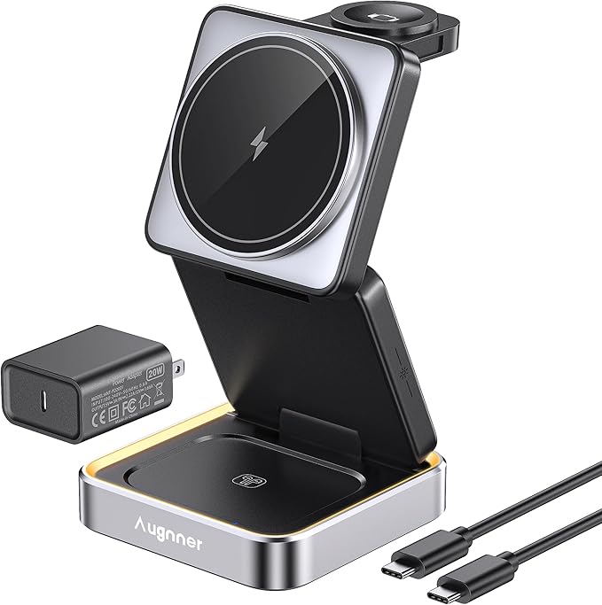【2026 Upgraded】Wireless Charger 3 in 1 Foldable Wireless Charging Station with Night Light for Apple MagSafe Charger Travel Magnetic Charger Stand Nightstand Fast 15W Charging Station (20W Adapter)