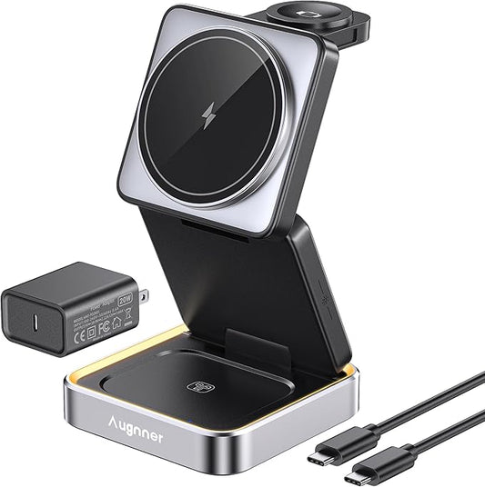 【2026 Upgraded】Wireless Charger 3 in 1 Foldable Wireless Charging Station with Night Light for Apple MagSafe Charger Travel Magnetic Charger Stand Nightstand Fast 15W Charging Station (20W Adapter)