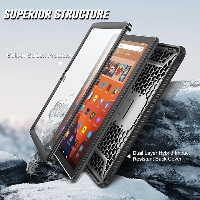 Fintie Shockproof Case for All-New Fire HD 10 Tablet (13th Generation 10.1 2023 Release) [Tuatara] Rugged Unibody Hybrid Bumper Kickstand Cover with Built-in Screen Protector Black