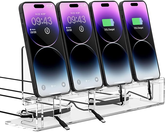 Cell Phone Stand Multiple Phone Holder Organizer Stand for 4 Phones Acrylic Desktop Mobile Phone Docking Station Charging Holder (Clear)