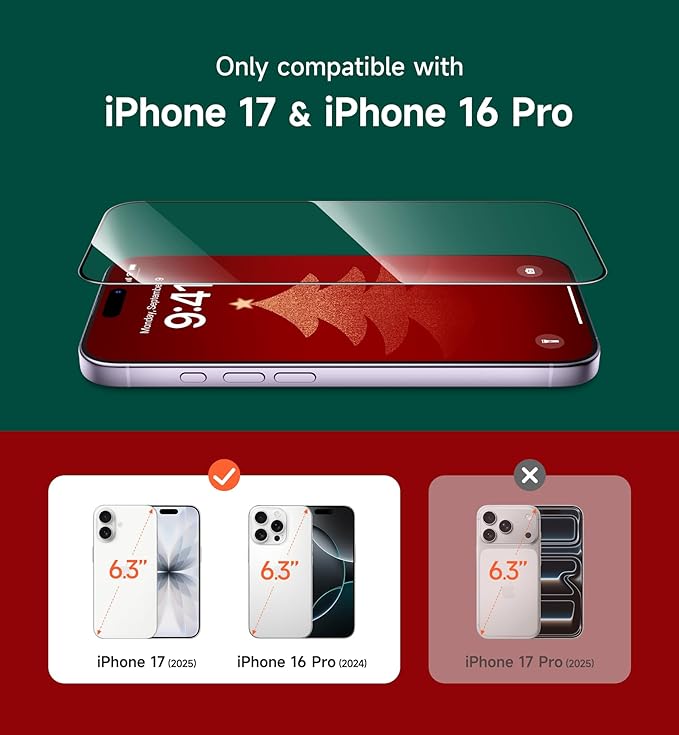 SURITCH 2-Pack for iPhone 17/ iPhone 16 Pro Tempered Glass Screen Protector 9H+ Hardness Fingerprint Resistant Military-grade Shatterproof Glass Film with Installation Tool for Christmas