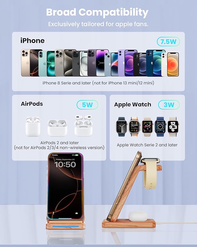 Wireless Charging Station 3 in 1 Wireless Charger Stand for Multiple Apple Devices Charging Dock for iPhone 16 15 14 13 12 11 Pro Max XS 8 Apple Watch 8 7 6 SE 5 4 3 2 3/2/Pro Wood