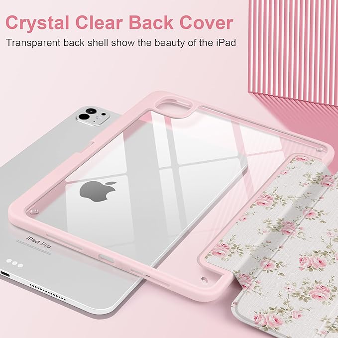 Case for iPad Pro 11 Inch (M5 2025 M4 2024) – [Built-in Pencil Holder] Shockproof &amp Stylish Clear Hard Back + Soft TPU Edge Magnetic Trifold Stand Auto Wake/Sleep Little Rose