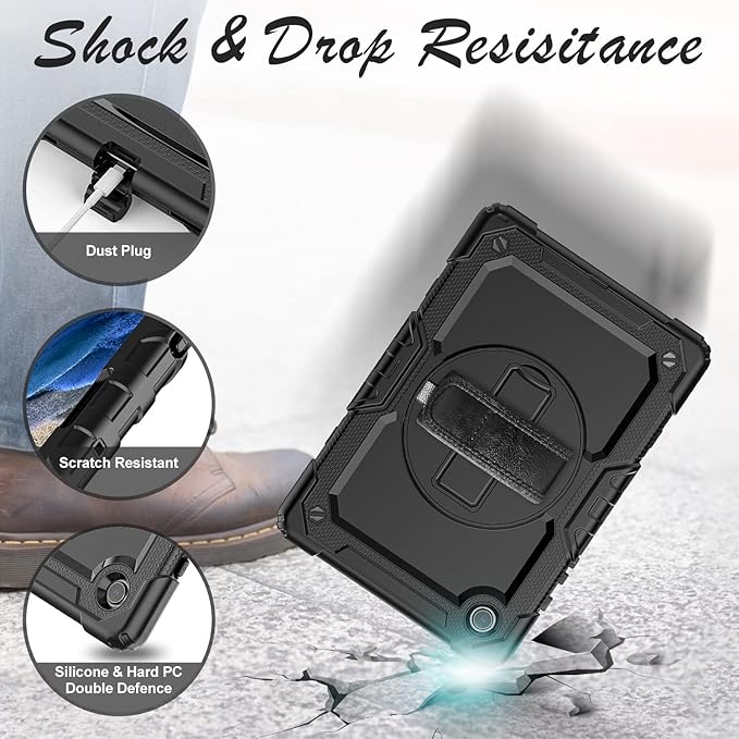 Case for Samsung Galaxy Tab A8 5G Tablet Case 10.5 inch [with Tempered Glass Screen Protector] Rotatable Kickstand S Pen Holder Hand/Shoulder Strap (Black)