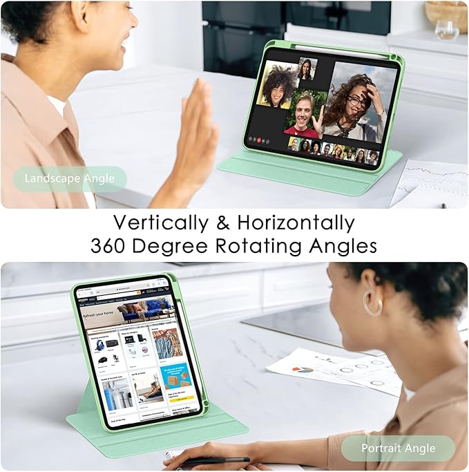 Soke Rotating Case for iPad (A16) 11th Generation 2025 iPad 10th Gen 2022 with Pencil Holder [Shockproof + Auto Sleep/Wake] 360 Degree Rotation Clear Back for iPad 11/10.9 - Matcha Green