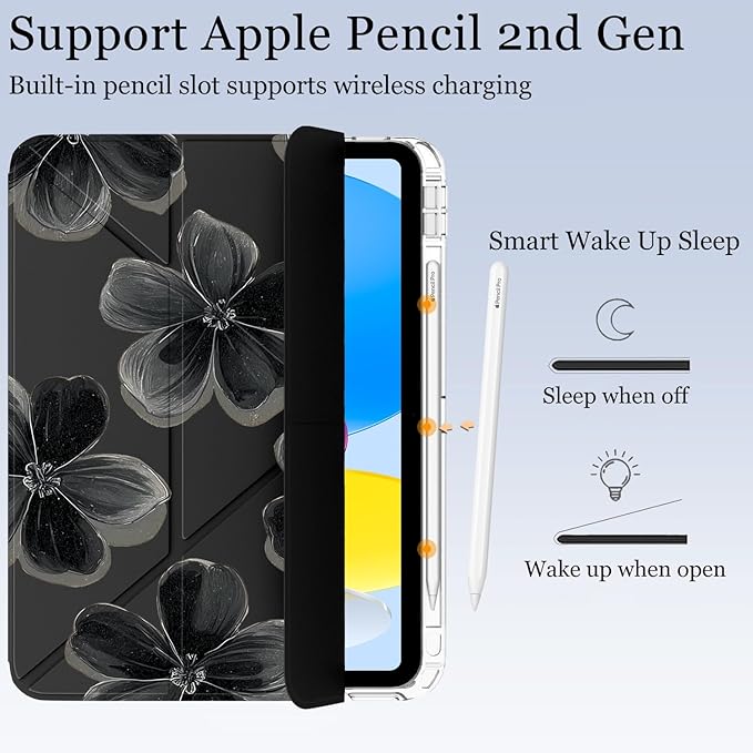 Cute Floral Flower for iPad Pro 11 Inch Case (M5/M4) 2025/2024 with Pencil Holder Auto Sleep/Wake Black Leather Acrylic Back Detachable Cover