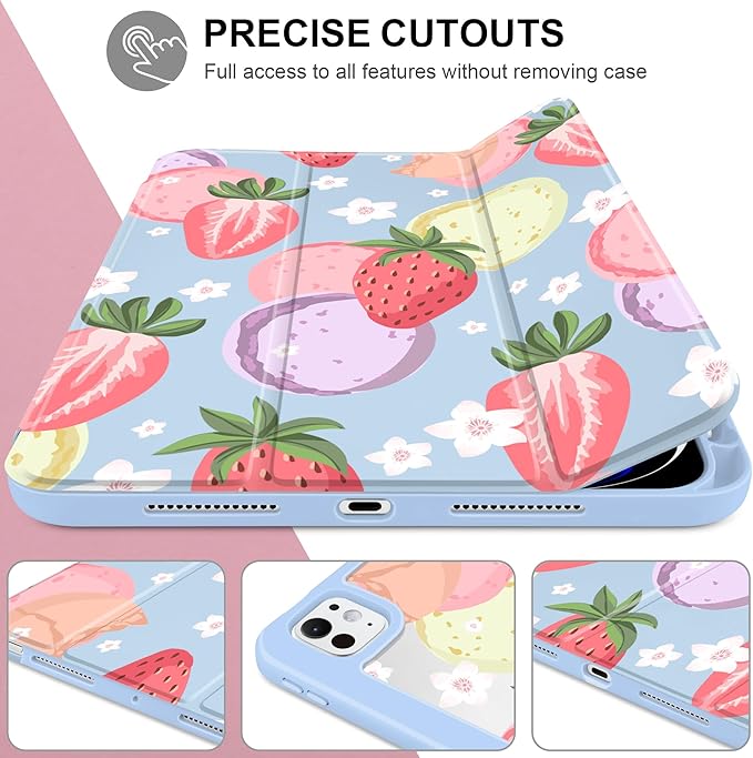Case for iPad Pro 11 Inch (M5 2025 M4 2024) – [Built-in Pencil Holder] Shockproof &amp Stylish Clear Hard Back + Soft TPU Edge Magnetic Trifold Stand Auto Wake/Sleep Strawberry