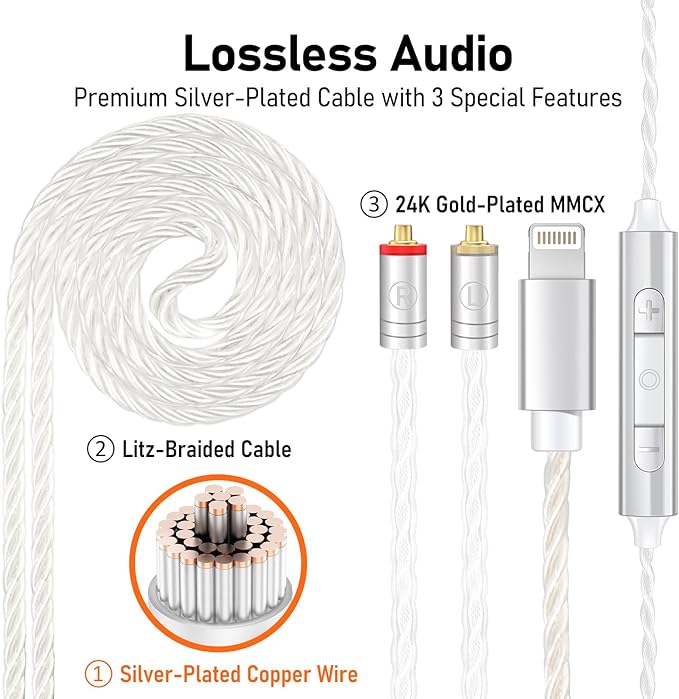 Vibes 202ML Wired Earbuds - HiFi in Ear Headphones for iPhone 5–14 Noise Isolating Ear Buds w/ Mic - Clear Sound Deep Bass Comfort-Fit Earphones - MMCX–LTN Silver Plated Cord Carrying Case