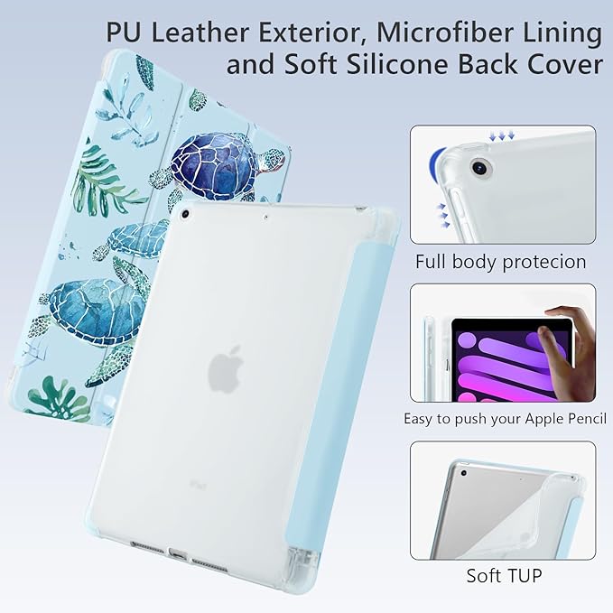 Cute Sea Turtle for iPad 5th/6th Generation Case with Pencil Holder Auto Sleep/Wake Blue Leather Soft TPU Back Cover for iPad 9.7 Inch