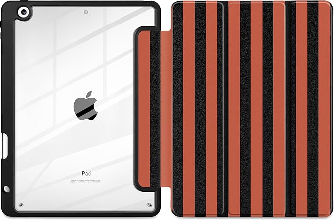 DONGKE for iPad 9th/8th/7th Generation Case 10.2 Inch (2021/2020/2019) [Auto Sleep/Wake &amp Pencil Holder] Clear Acrylic Back Trifold Stand Cover Orange Stripes