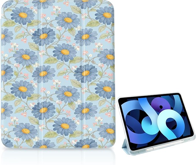 Cute Blue Daisy Clusters for iPad Air 5/Air 4 Case (10.9 Inch2022/2020) Air 5th/4th Gen[Pencil Holder+Auto Sleep/Wake]Slim Stand Soft Leather TPU Back Smart CoverBlue
