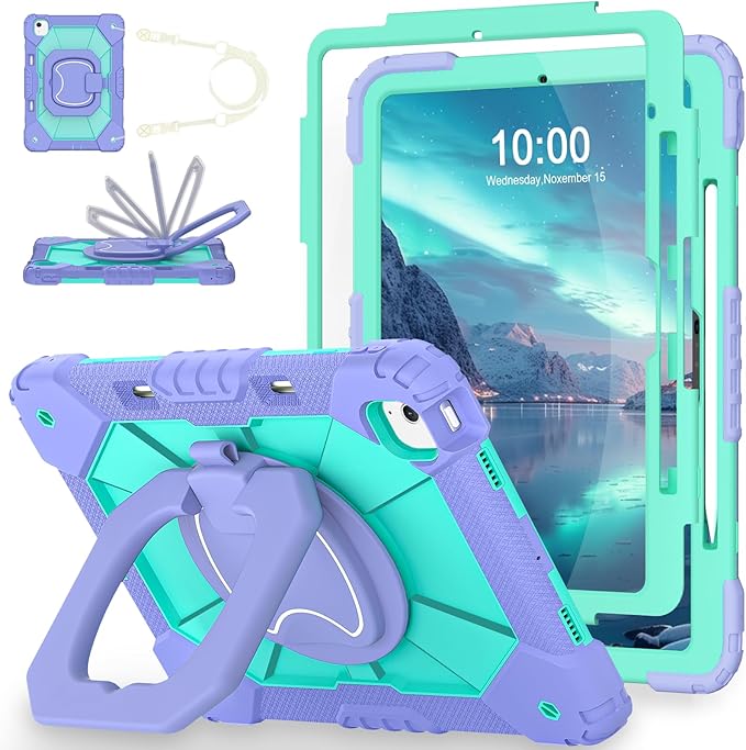 WESOROL Case for iPad Air 13 Inch (M3/M2) 2025/2024 with Pencil Holder/Screen Protector/360° Rotating Stand/Shoulder StrapMilitary Grade Shockproof Cover for iPad Air 13 Inch M2 Case Purple Green
